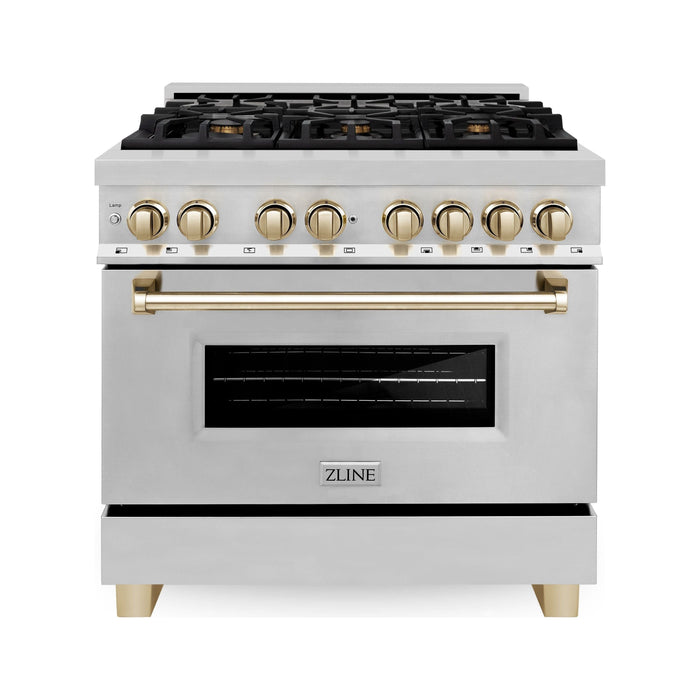 ZLINE Autograph Edition 36 In. Range with Gas Stove and Electric Oven in Stainless Steel with Gold Accent RAZ-36-G