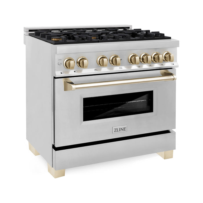 ZLINE Autograph Edition 36 In. Range with Gas Stove and Electric Oven in Stainless Steel with Gold Accent RAZ-36-G