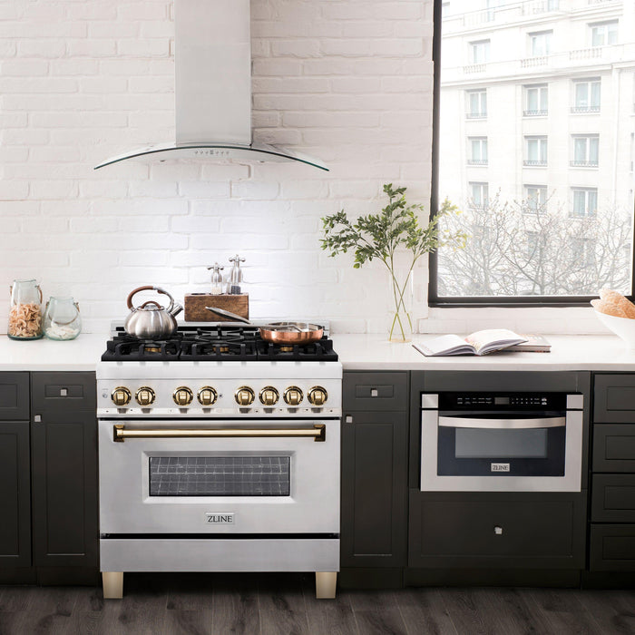 ZLINE Autograph Edition 36 In. Range with Gas Stove and Electric Oven in Stainless Steel with Gold Accent RAZ-36-G