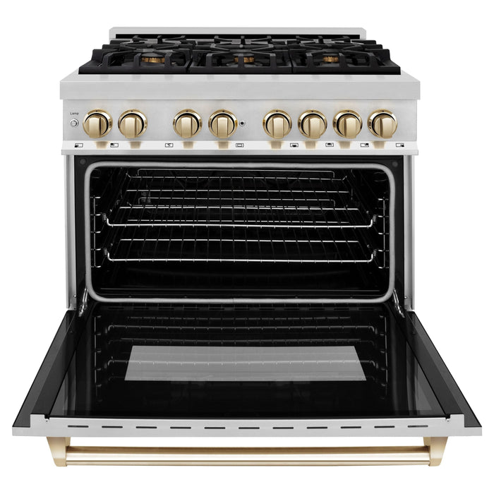 ZLINE Autograph Edition 36 In. Range with Gas Stove and Electric Oven in Stainless Steel with Gold Accent RAZ-36-G