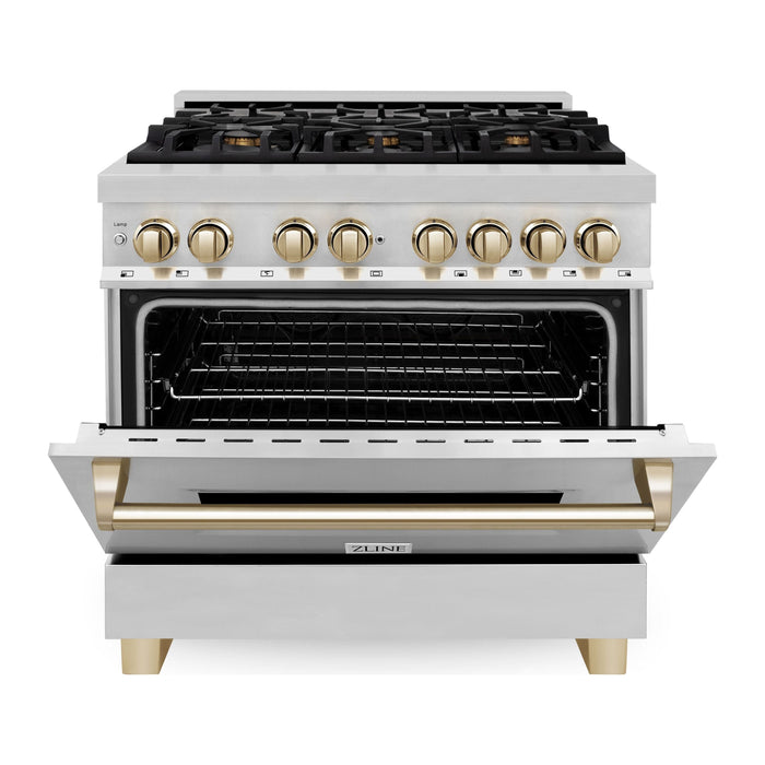 ZLINE Autograph Edition 36 In. Range with Gas Stove and Electric Oven in Stainless Steel with Gold Accent RAZ-36-G