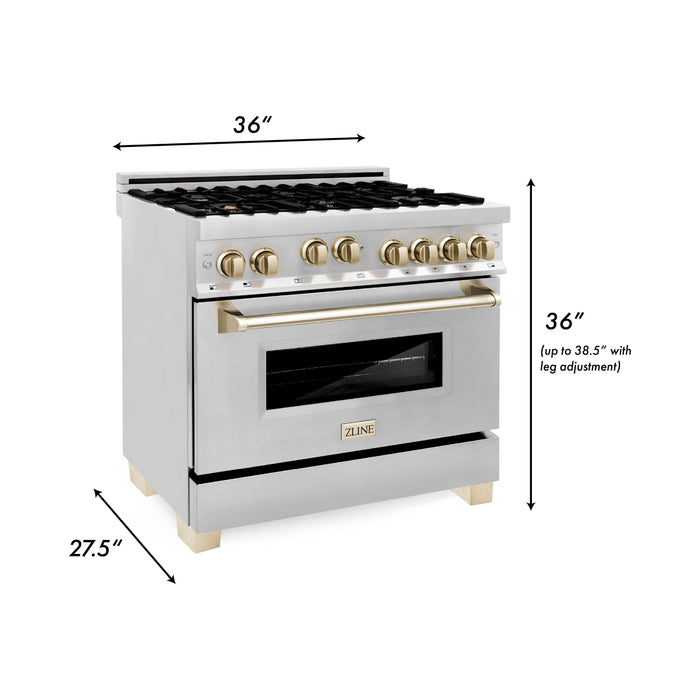 ZLINE Autograph Edition 36 in. Range with Gas Stove and Gas Oven In Stainless Steel with Gold Accents RGZ-36-G