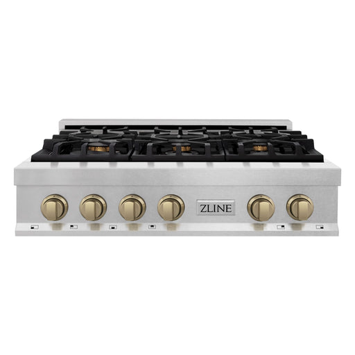 ZLINE Autograph Edition 36 In. Rangetop with 6 Gas Burners in DuraSnow® Stainless Steel and Champagne Bronze Accents, RTSZ-36-CB