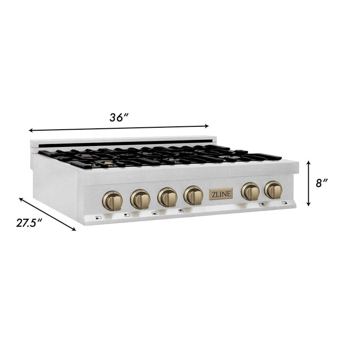 ZLINE Autograph Edition 36 In. Rangetop with 6 Gas Burners in DuraSnow® Stainless Steel and Champagne Bronze Accents, RTSZ-36-CB