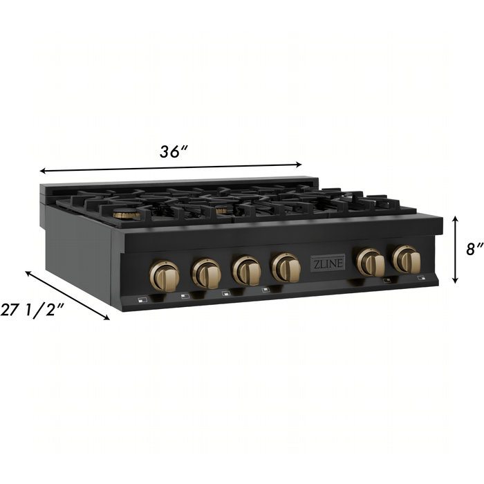 ZLINE Autograph Edition 36 Inch Gas Rangetop in Black Stainless Steel and Champagne Bronze Accents, RTBZ-36-CB