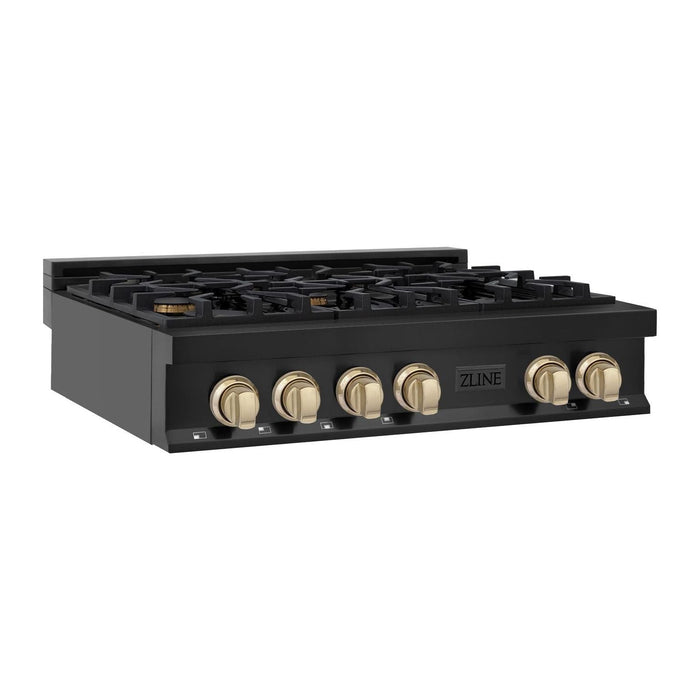 ZLINE Autograph Edition 36 Inch Porcelain Rangetop with 6 Gas Burners in Black Stainless Steel and Gold Accents, RTBZ-36-G