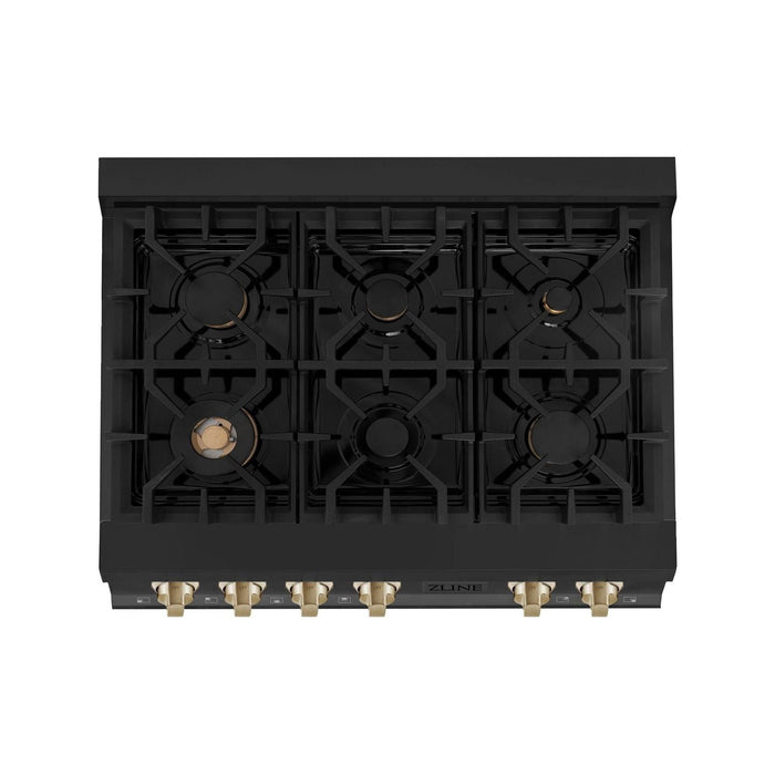 ZLINE Autograph Edition 36 Inch Porcelain Rangetop with 6 Gas Burners in Black Stainless Steel and Gold Accents, RTBZ-36-G