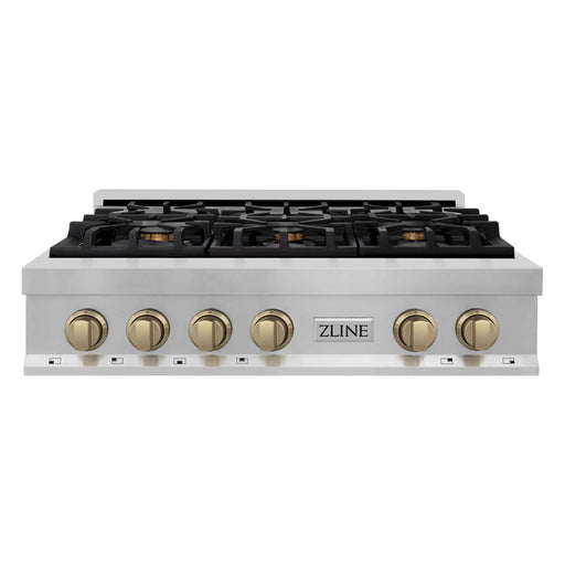 ZLINE Autograph Edition 36 Inch Porcelain Rangetop with 6 Gas Burners In Stainless Steel and Champagne Bronze Accents RTZ-36-CB