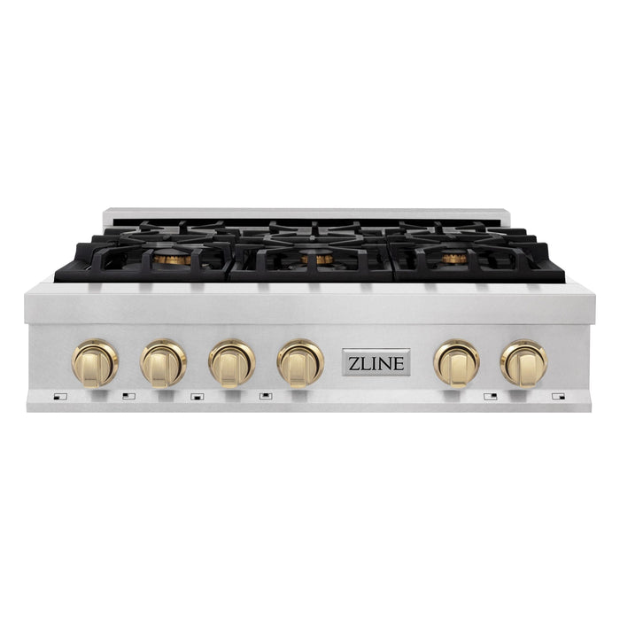 ZLINE Autograph Edition 36" Porcelain Rangetop with 6 Gas Burners In DuraSnow Stainless Steel and Gold Accents RTSZ-36-G