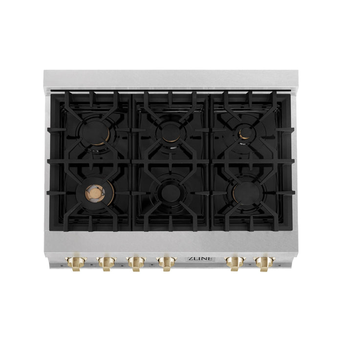 ZLINE Autograph Edition 36" Porcelain Rangetop with 6 Gas Burners In DuraSnow Stainless Steel and Gold Accents RTSZ-36-G