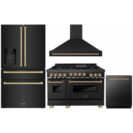 ZLINE Autograph Edition 4-Piece Appliance Package - 48-Inch Gas Range, Refrigerator with Water Dispenser, Wall Mounted Range Hood, & 24-Inch Tall Tub Dishwasher in Black Stainless Steel with Champagne Bronze Trim (4KAPR-RGBRHDWV48-CB)