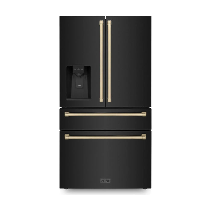 ZLINE Autograph Edition 4-Piece Appliance Package - 48-Inch Gas Range, Refrigerator with Water Dispenser, Wall Mounted Range Hood, & 24-Inch Tall Tub Dishwasher in Black Stainless Steel with Champagne Bronze Trim (4KAPR-RGBRHDWV48-CB)