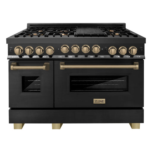 ZLINE Autograph Edition 48" 6.0 cu. ft. Range with Gas Stove and Gas Oven in Black Stainless Steel with Champagne Bronze Accents, RGBZ-48-CB