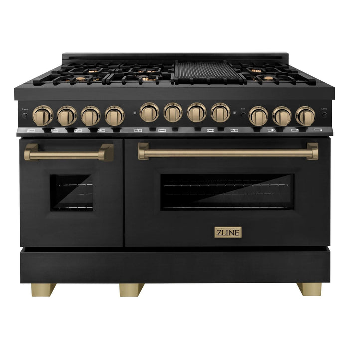 ZLINE Autograph Edition 48" 6.0 cu. ft. Range with Gas Stove and Gas Oven in Black Stainless Steel with Champagne Bronze Accents, RGBZ-48-CB