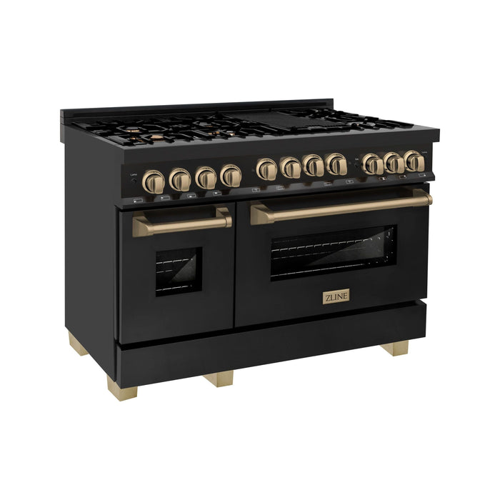 ZLINE Autograph Edition 48" 6.0 cu. ft. Range with Gas Stove and Gas Oven in Black Stainless Steel with Champagne Bronze Accents, RGBZ-48-CB