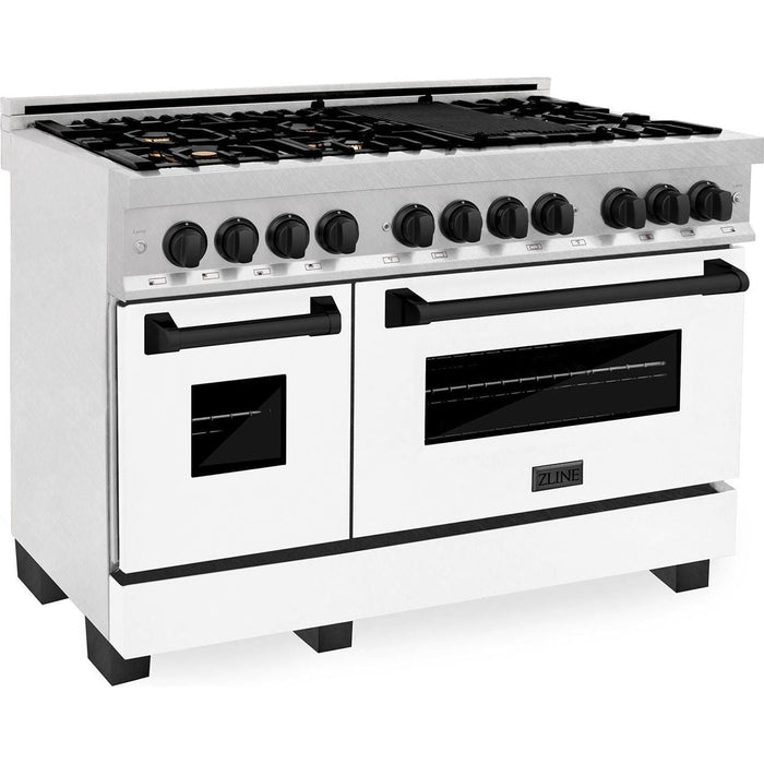 ZLINE Autograph Edition 48 in. 6.0 cu. ft. Range with Gas Stove and Electric Oven In DuraSnow with White Matte Door and Matte Black Accents RASZ-WM-48-MB