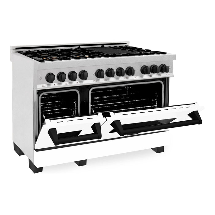 ZLINE Autograph Edition 48 in. 6.0 cu. ft. Range with Gas Stove and Electric Oven In DuraSnow with White Matte Door and Matte Black Accents RASZ-WM-48-MB