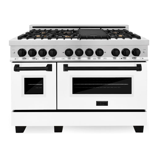 ZLINE Autograph Edition 48 in. 6.0 cu. ft. Range with Gas Stove and Electric Oven In Stainless Steel with White Matte Door and Matte Black Accents RAZ-WM-48-MB