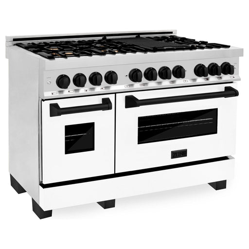 ZLINE Autograph Edition 48 in. 6.0 cu. ft. Range with Gas Stove and Electric Oven In Stainless Steel with White Matte Door and Matte Black Accents RAZ-WM-48-MB