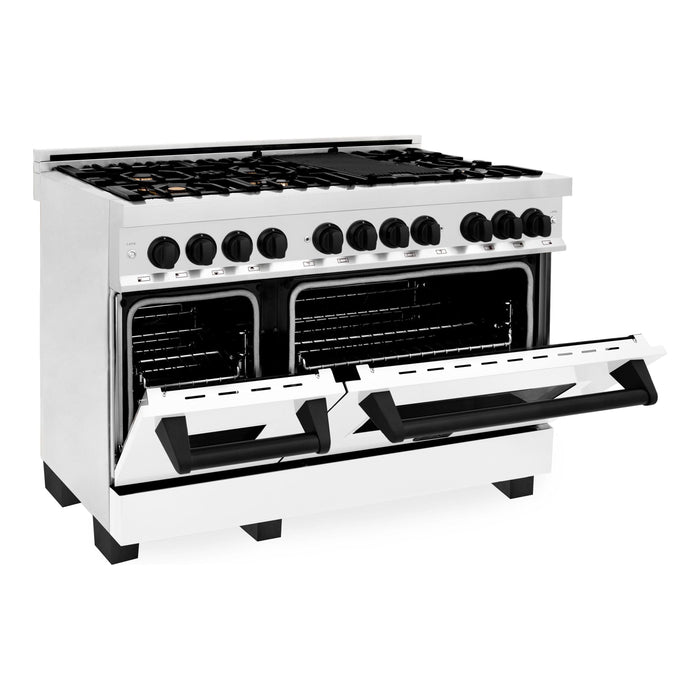 ZLINE Autograph Edition 48 in. 6.0 cu. ft. Range with Gas Stove and Electric Oven In Stainless Steel with White Matte Door and Matte Black Accents RAZ-WM-48-MB