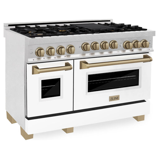 ZLINE Autograph Edition 48 in. Gas Range in DuraSnow® with White Matte Door and Champagne Bronze Accents, RGSZ-WM-48-CB