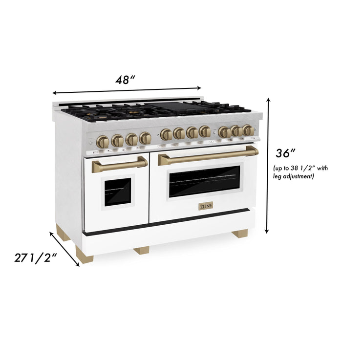 ZLINE Autograph Edition 48 in. Gas Range in DuraSnow® with White Matte Door and Champagne Bronze Accents, RGSZ-WM-48-CB