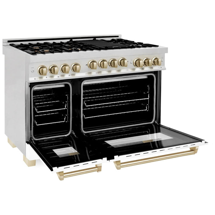 ZLINE Autograph Edition 48 in. Gas Range in DuraSnow® with White Matte Door and Gold Accents, RGSZ-WM-48-G