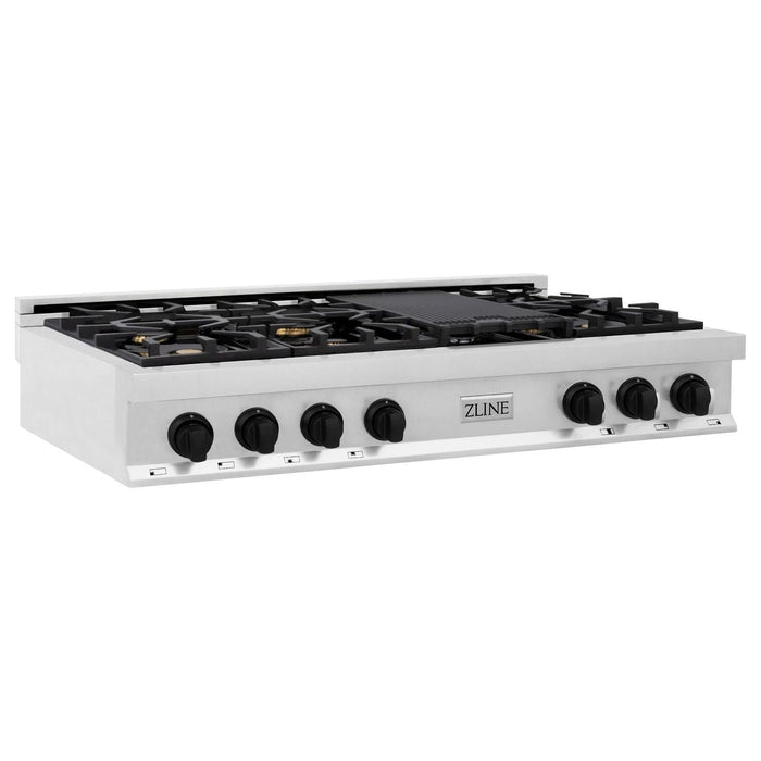 ZLINE Autograph Edition 48 in. Porcelain Rangetop with 7 Gas Burners In Stainless Steel and Matte Black Accents RTZ-48-MB