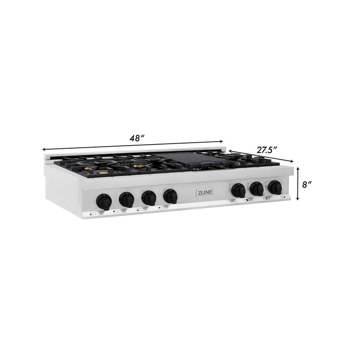 ZLINE Autograph Edition 48 in. Porcelain Rangetop with 7 Gas Burners In Stainless Steel and Matte Black Accents RTZ-48-MB