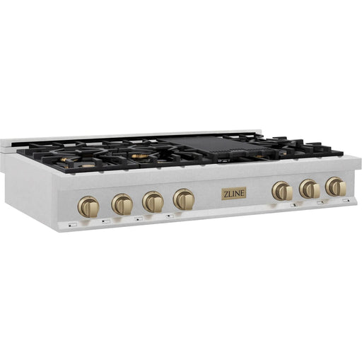 ZLINE Autograph Edition 48 In. Rangetop with 7 Gas Burners in DuraSnow® Stainless Steel and Champagne Bronze Accents, RTSZ-48-CB