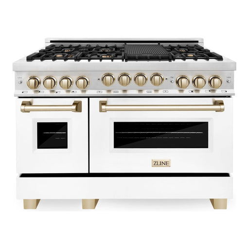 ZLINE Autograph Edition 48 Inch 6.0 cu. ft. Gas Range with White Matte Door and Gold Accents RGZ-WM-48-G