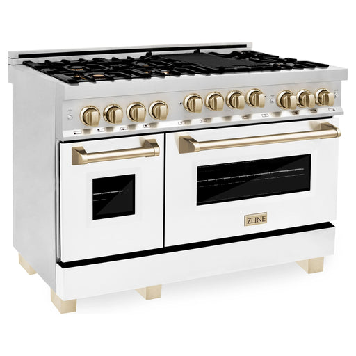 ZLINE Autograph Edition 48 Inch 6.0 cu. ft. Gas Range with White Matte Door and Gold Accents RGZ-WM-48-G