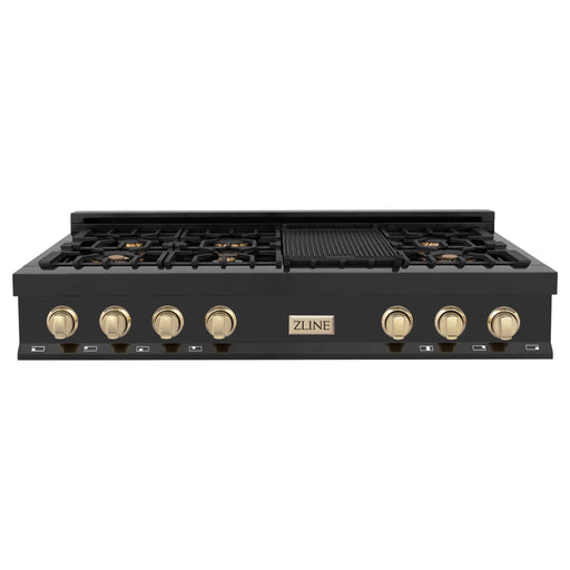 ZLINE Autograph Edition 48 Inch Porcelain Rangetop with 7 Gas Burners In Black Stainless Steel and Gold Accents RTBZ-48-G