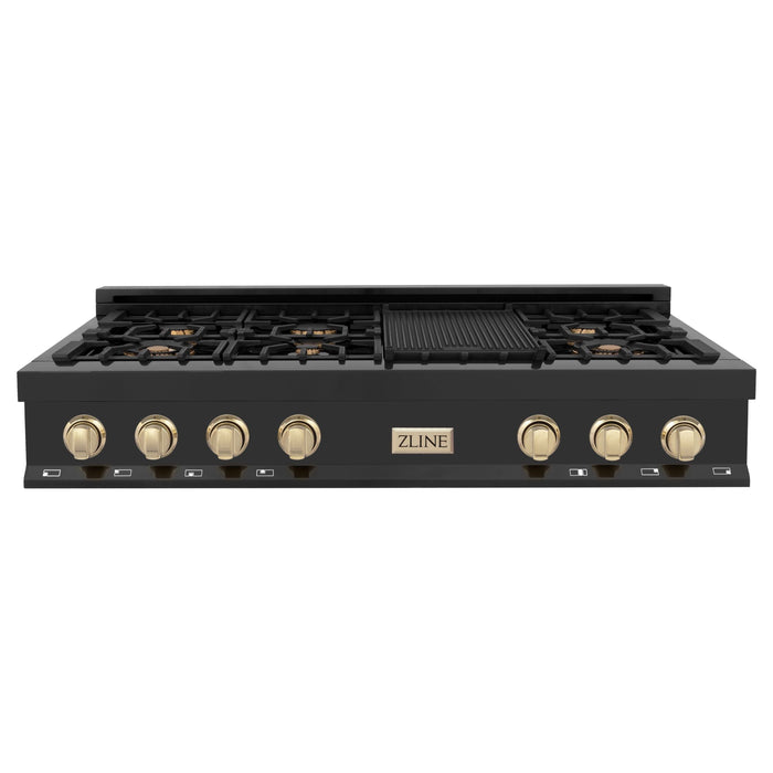 ZLINE Autograph Edition 48 Inch Porcelain Rangetop with 7 Gas Burners In Black Stainless Steel and Gold Accents RTBZ-48-G