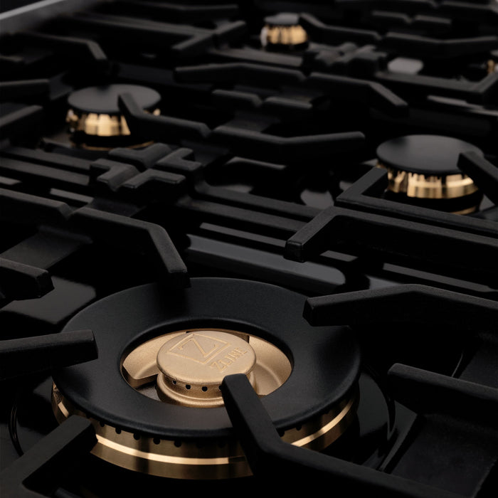 ZLINE Autograph Edition 48 Inch Porcelain Rangetop with 7 Gas Burners In Black Stainless Steel and Gold Accents RTBZ-48-G