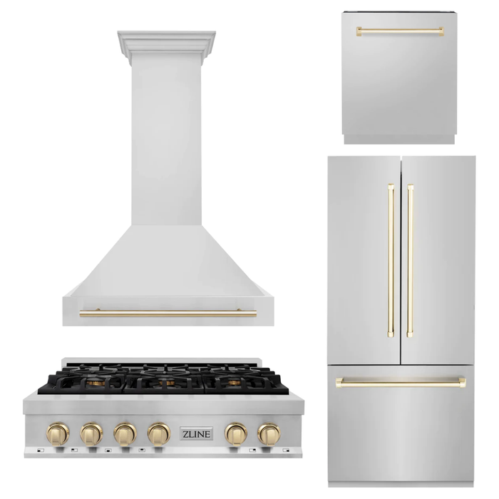 ZLINE Autograph Gold Package - 36 in. Rangetop, 36 in. Range Hood, Dishwasher, Built-In Refrigerator