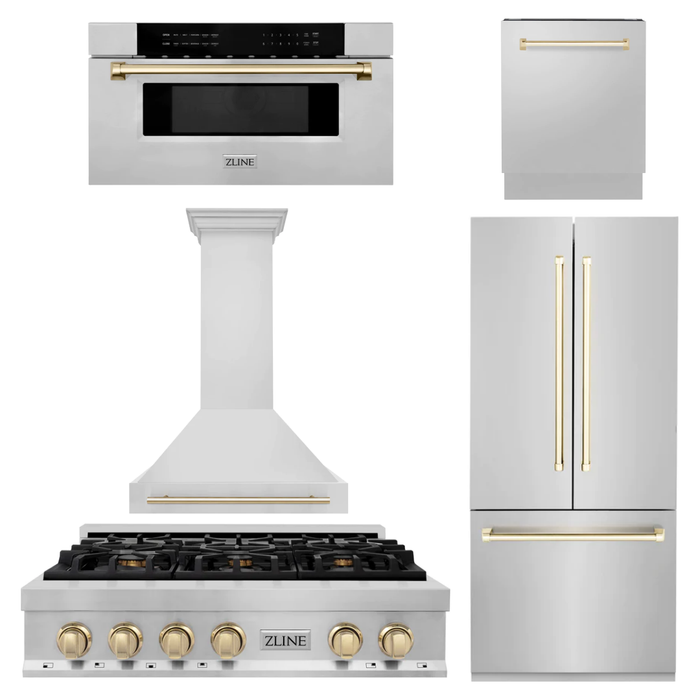 ZLINE Autograph Gold Package - 36 in. Rangetop, 36 in. Range Hood, Dishwasher, Built-In Refrigerator, Microwave Drawer