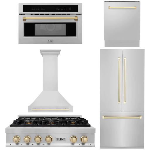 ZLINE Autograph Gold Package - 36 in. Rangetop, 36 in. Range Hood, Dishwasher, Built-In Refrigerator, Microwave Oven