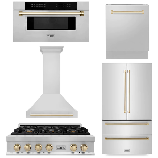 ZLINE Autograph Gold Package - 36 in. Rangetop, 36 in. Range Hood, Dishwasher, Refrigerator, Microwave Drawer