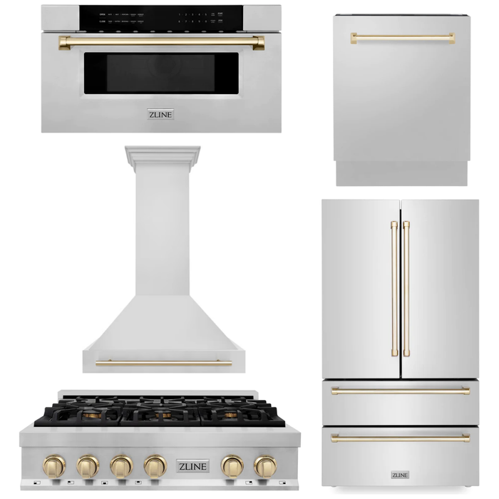 ZLINE Autograph Gold Package - 36 in. Rangetop, 36 in. Range Hood, Dishwasher, Refrigerator, Microwave Drawer