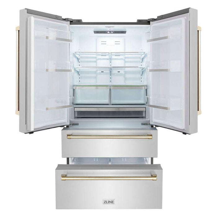 ZLINE Autograph Gold Package - 36 in. Rangetop, 36 in. Range Hood, Dishwasher, Refrigerator, Microwave Drawer