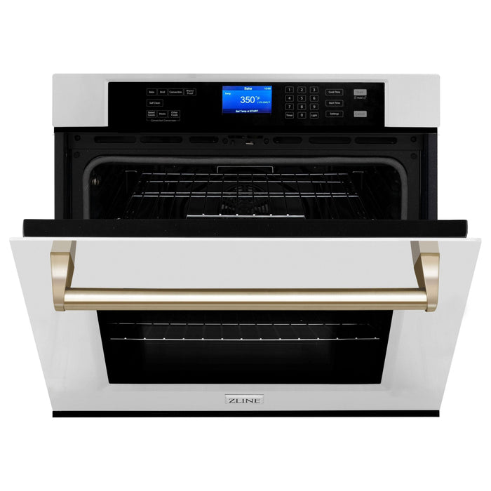 ZLINE Autograph Gold Package - 36 in. Rangetop, 36 in. Range Hood, Dishwasher, Refrigerator, Microwave Drawer, Wall Oven