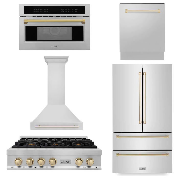 ZLINE Autograph Gold Package - 36 in. Rangetop, 36 in. Range Hood, Dishwasher, Refrigerator, Microwave Oven