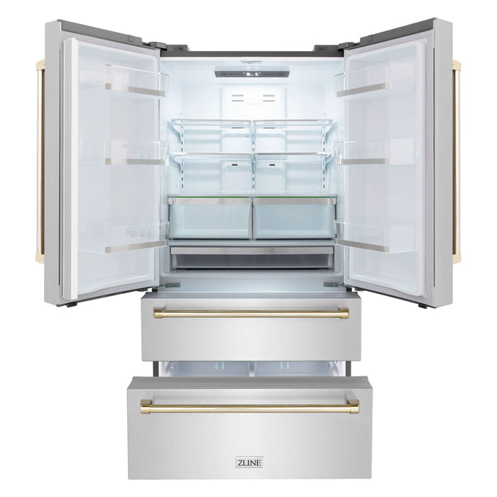 ZLINE Autograph Gold Package - 36 in. Rangetop, 36 in. Range Hood, Dishwasher, Refrigerator, Microwave Oven