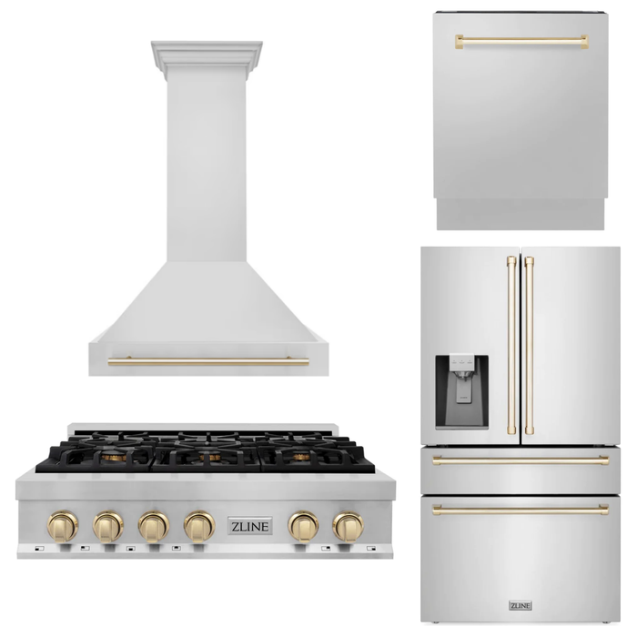 ZLINE Autograph Gold Package - 36 in. Rangetop, 36 in. Range Hood, Dishwasher, Refrigerator with External Water and Ice Dispenser