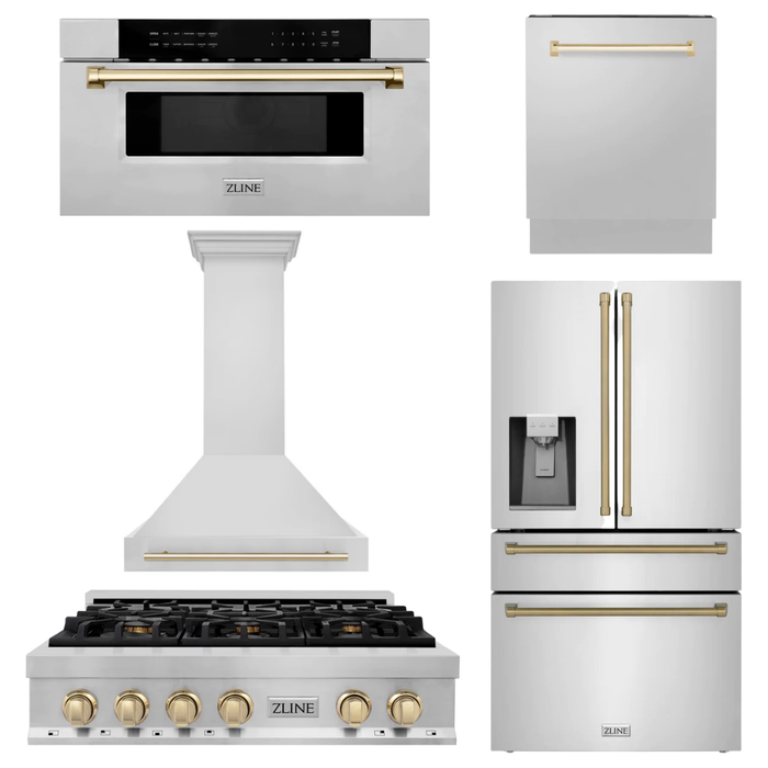 ZLINE Autograph Gold Package - 36 in. Rangetop, 36 in. Range Hood, Dishwasher, Refrigerator with External Water and Ice Dispenser, Microwave Drawer