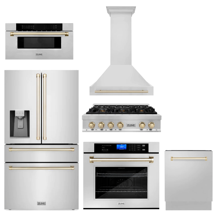 ZLINE Autograph Gold Package - 36 in. Rangetop, 36 in. Range Hood, Dishwasher, Refrigerator with External Water and Ice Dispenser, Microwave Drawer, Wall Oven