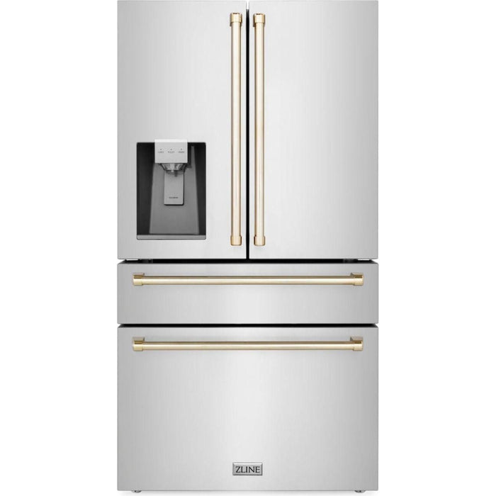 ZLINE Autograph Gold Package - 36 in. Rangetop, 36 in. Range Hood, Dishwasher, Refrigerator with External Water and Ice Dispenser, Microwave Drawer, Wall Oven