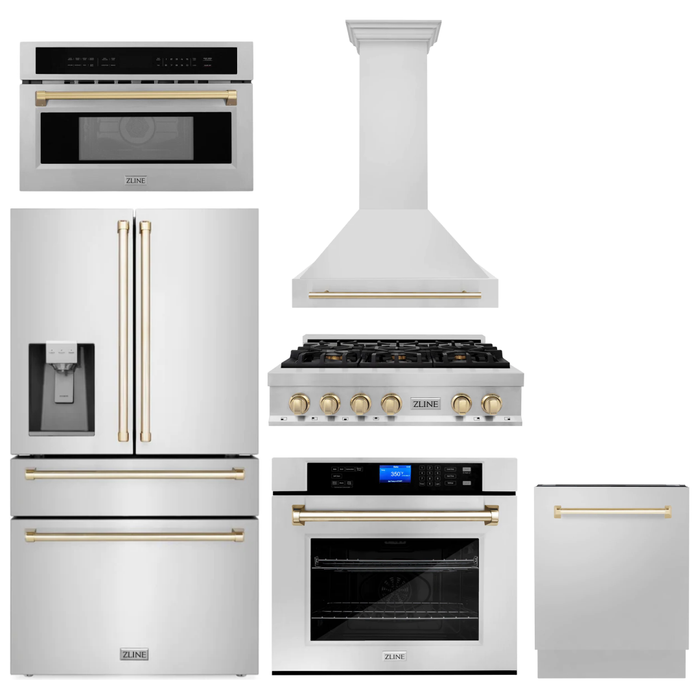 ZLINE Autograph Gold Package - 36 in. Rangetop, 36 in. Range Hood, Dishwasher, Refrigerator with External Water and Ice Dispenser, Microwave Oven, Wall Oven