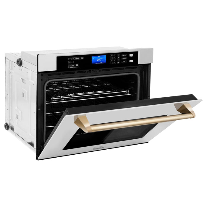 ZLINE Autograph Gold Package - 36 in. Rangetop, 36" Range Hood, Dishwasher, Built-In Refrigerator, Microwave Oven, Wall Oven